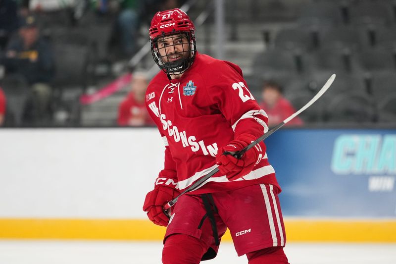 Apr 9, 2026; Las Vegas, Nevada, UNITED STATES; Wisconsin Badgers forward Finn Brink (27) looks on during the first period against the North Dakota Fighting Hawks in the semifinals of the NCAA men's ice hockey Frozen Four at T-Mobile Arena. Mandatory Credit: Lucas Peltier-Imagn Images