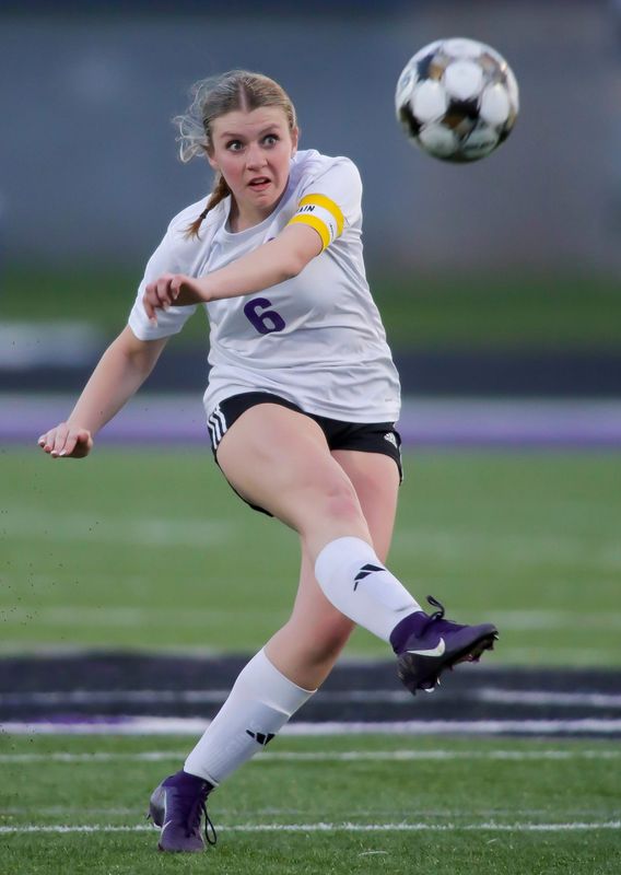 Sheboygan Falls’ Natalie Grunwald (6) kicks the ball against Kiel, Monday, May 4, 2026, in Kiel, Wis.