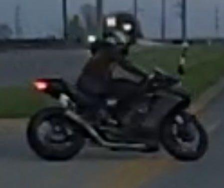 A still image shows a motorcyclist who eluded Fond du Lac County Sheriff’s deputies May 3, 2026, reaching speeds exceeding 140 mph.