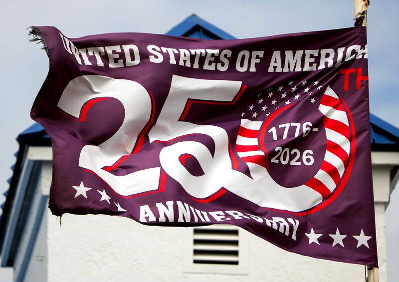 United States of America 250th Anniversary flag is seen at Pirate's Cove Resort and Marina on March 30, 2026, in Port Salerno, Florida.