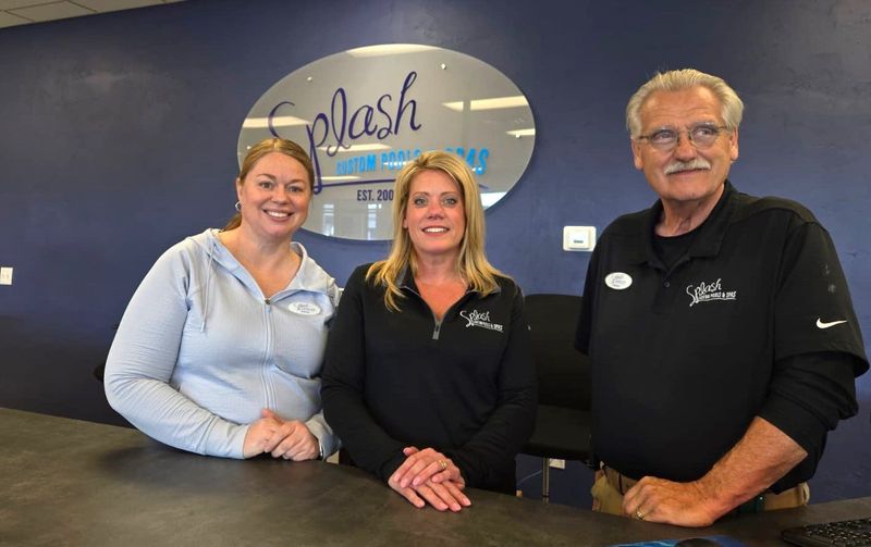 Annie Thorpe, Service Manager (left), Tammy Corrigan, co-owner and Duane Schroeder, sales representative, at the new Splash Custom Pools & Spas, at 1808 Allouez Ave., Suite G, in Bellevue. The store opened in mid-April.