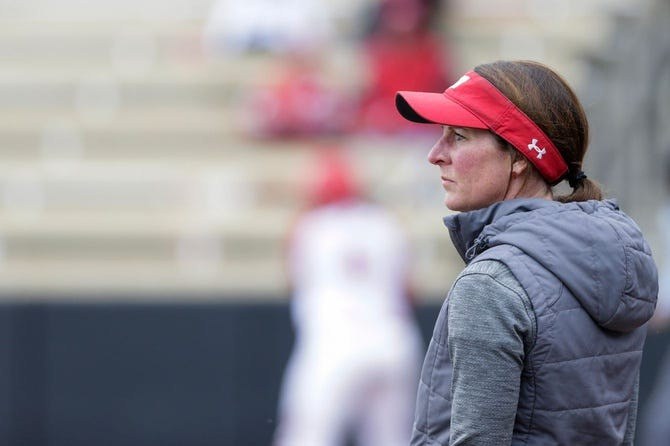 Wisconsin head coach Yvette Healy watches the play during the first inning of a NCAA softball game, Saturday, April 27, 2019 at Bittinger Stadium in West Lafayette. Wisconsin won, 12-6.

Csb Wisconsin Vs Purdue