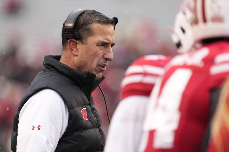 Nov 29, 2024; Madison, Wisconsin, USA; Wisconsin Badgers head coach Luke Fickell looks on during the fourth quarter against the Minnesota Golden Gophers at Camp Randall Stadium. Mandatory Credit: Jeff Hanisch-Imagn Images