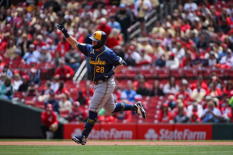 May 6, 2026; St. Louis, Missouri, USA; Milwaukee Brewers designated hitter Andrew Vaughn (28) reacts as he runs the bases after hitting a three run home run against the St. Louis Cardinals during the first inning at Busch Stadium. Mandatory Credit: Jeff Curry-Imagn Images