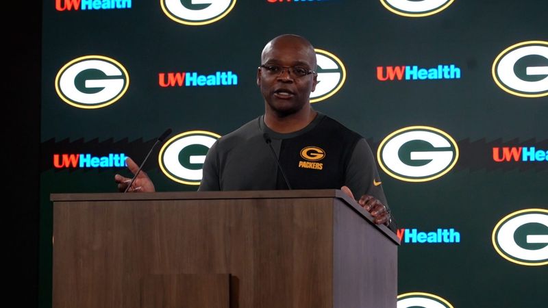 Packers running backs coach Ben Sirmans speaks with the media May 6 at Lambeau Field.