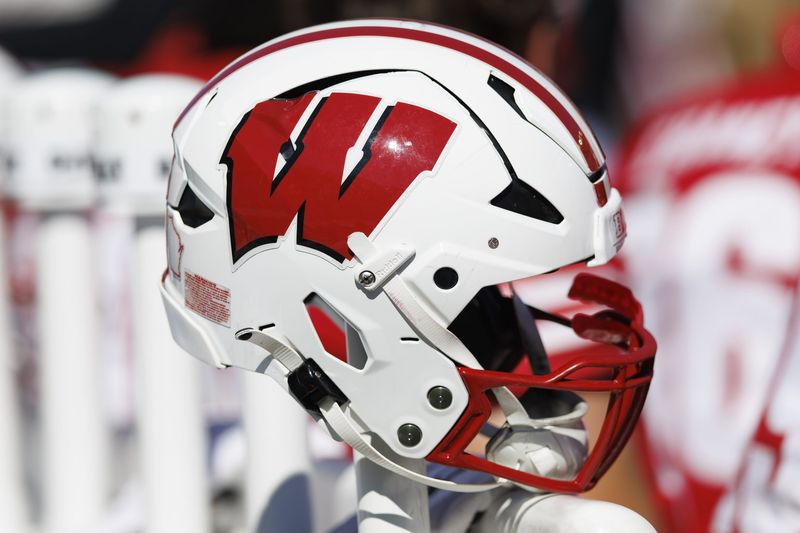 Oct 1, 2022; Madison, Wisconsin, USA; A Wisconsin Badgers helmet during the game against the Illinois Fighting Illini at Camp Randall Stadium. Mandatory Credit: Jeff Hanisch-USA TODAY Sports