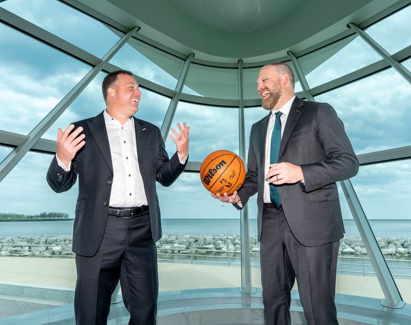 Milwaukee Bucks general manager Jon Horst, left, speaks with new head coach Taylor Jenkins, right, after a press conference announcing Jenkins as the Bucks’ new head coach on Wednesday May 6, 2026 at the Milwaukee Art Museum in Milwaukee, Wisconsin.