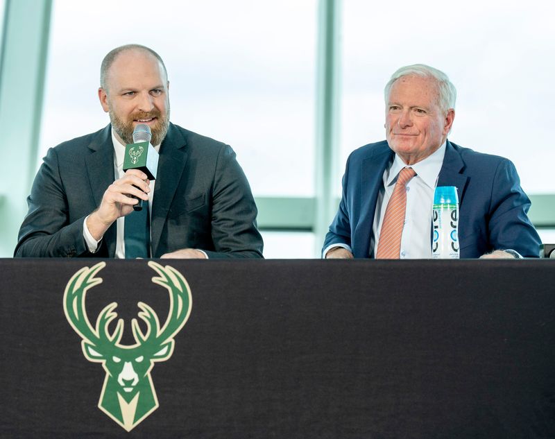 Milwaukee Bucks new head coach Taylor Jenkins, left, and team co-owner Jimmy Haslam, right, appear at a press conference announcing Jenkins as the Bucks’ new head coach on Wednesday May 6, 2026 at the Milwaukee Art Museum in Milwaukee, Wisconsin.