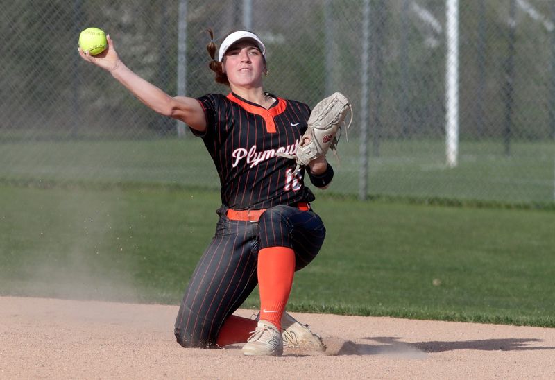 Plymouth’s Bri Donner (10) fields the ball from second base against West Bend East, Thursday, May 7, 2026, in Plymouth, Wis.