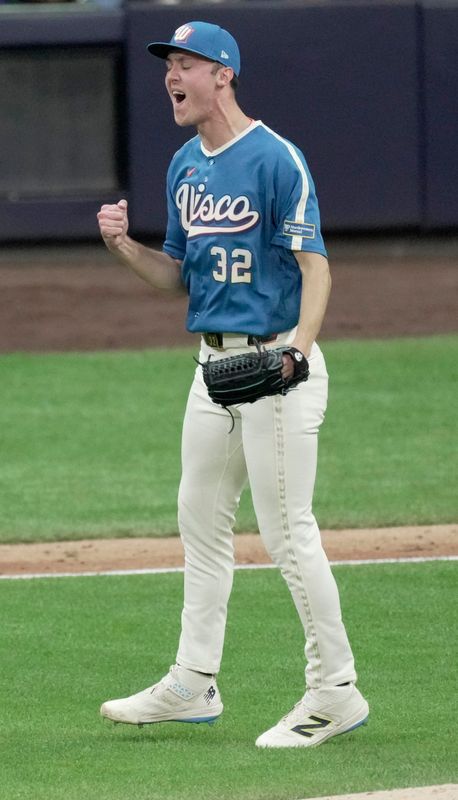 Milwaukee Brewers pitcher Jacob Misiorowski (32) reacts after striking out a batter during the sixth inning of their game against the New York Yankees Friday, May 8, 2026 at American Family Field in Milwaukee, Wisconsin.
