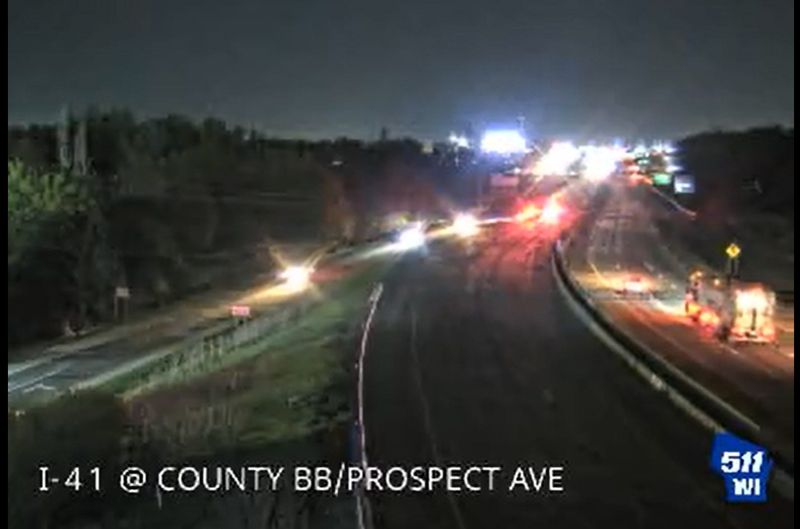 A screenshot taken at about 11:30 p.m. on May 8 shows emergency vehicle lights flashing on Interstate 41 south of Prospect Avenue in Winnebago County. The interstate was closed, following a crash, and emergency vehicles could be seen on 511 traffic cameras.