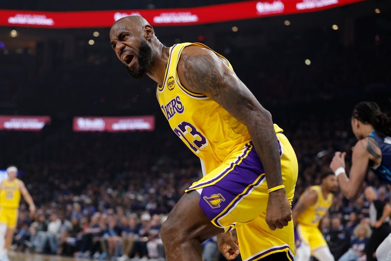 May 7, 2026; Oklahoma City, Oklahoma, USA; Los Angeles Lakers forward LeBron James (23) reacts after a play against the Oklahoma City Thunder in the first half during game two of the second round of the 2026 NBA Playoffs at Paycom Center. Mandatory Credit: Alonzo Adams-Imagn Images