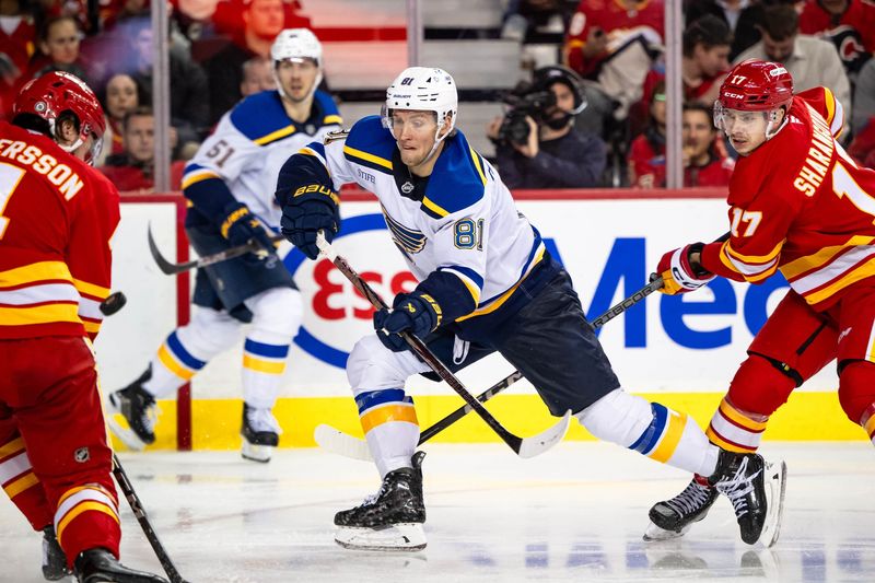 Dec 5, 2024; Calgary, Alberta, CAN; St. Louis Blues left wing Dylan Holloway (81) in action against the Calgary Flames during the third period at Scotiabank Saddledome. Mandatory Credit: Brett Holmes-Imagn Images