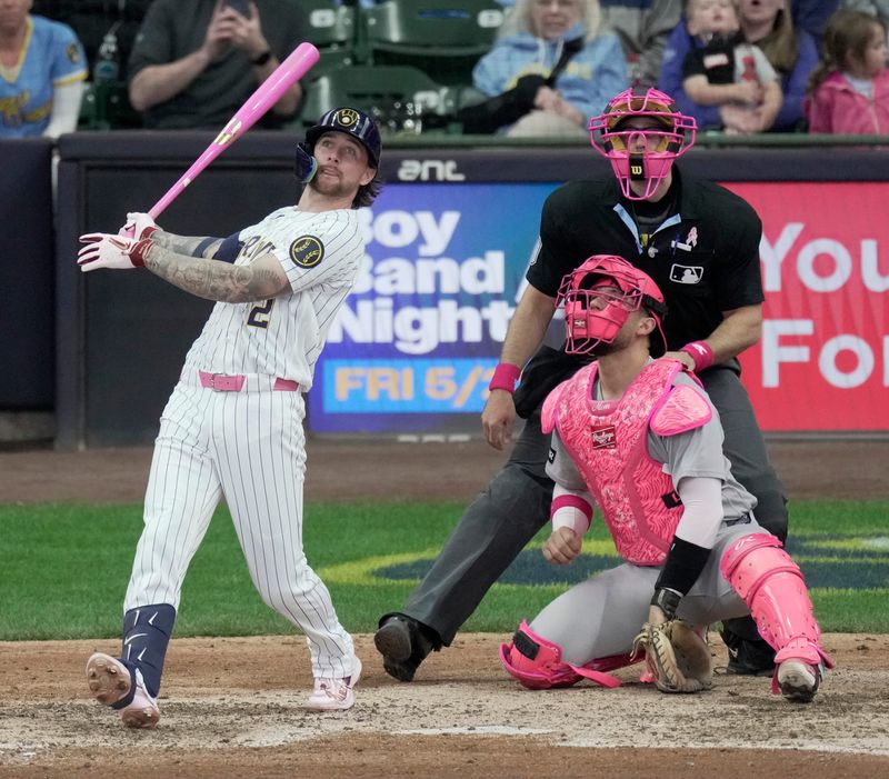 Milwaukee Brewers second baseman Brice Turang (2) hits a walk off home run during the ninth inning of their game against the New York Yankees Sunday, May 10, 2026 at American Family Field in Milwaukee, Wisconsin. The Milwaukee Brewers beat the New York Yankees 4-3.