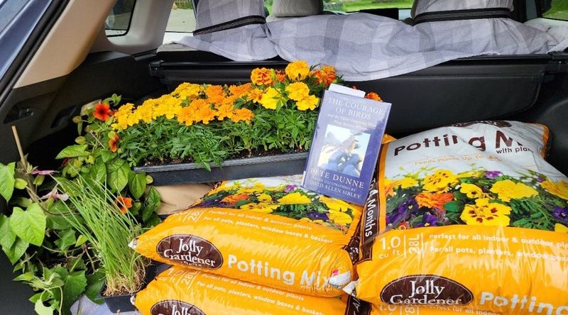 Here’s some of Susan’s purchases from Kailhofer’s Greenhouse. She also checked out a book The Courage of Birds from the library.