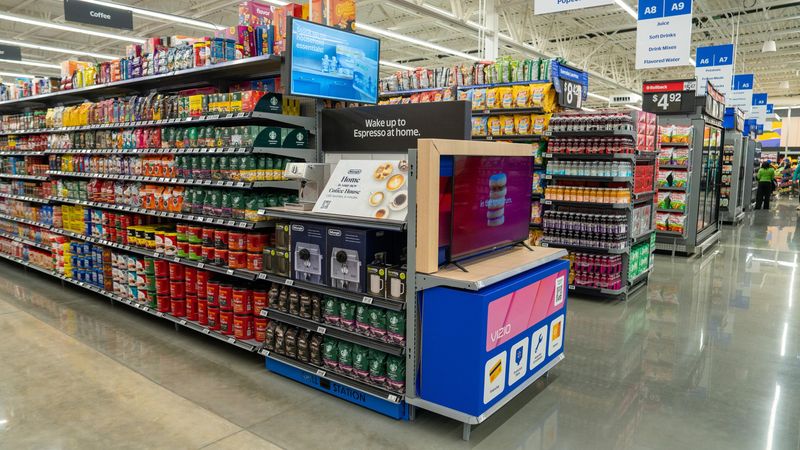 A brightly lit Walmart aisle features shelves that include a prominent Espresso machine display, a Vizio television screen and product samples.