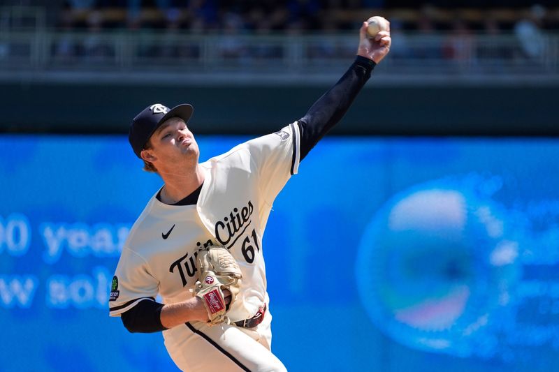 May 2, 2026; Minneapolis, Minnesota, USA; Minnesota Twins starting pitcher Connor Prielipp throws to the Toronto Blue Jays in the first inning at Target Field. Mandatory Credit: Bruce Kluckhohn-Imagn Images