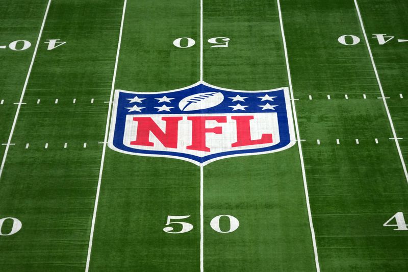 Oct 5, 2025; Tottenham, United Kingdom; The NFL shield logo at midfield during an NFL International Series game at Tottenham Hotspur Stadium.