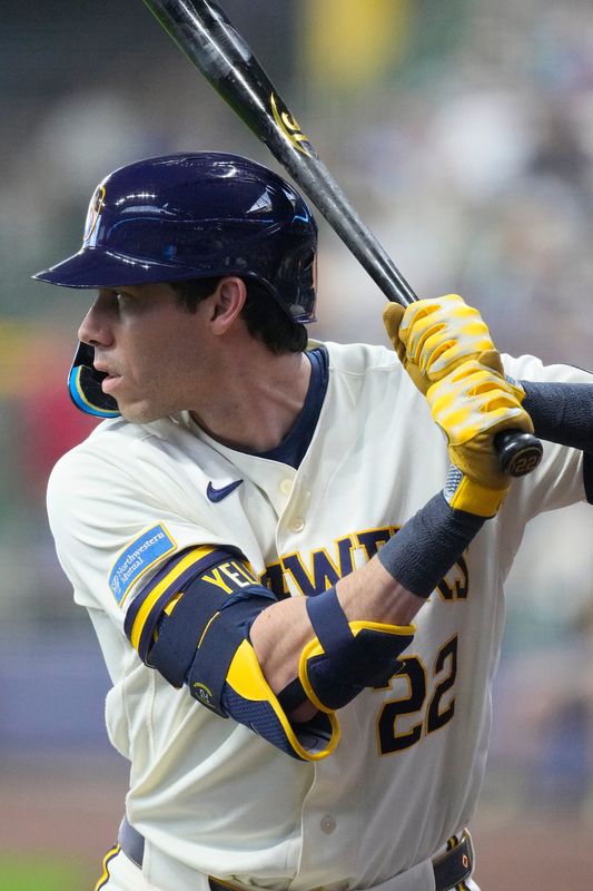 May 12, 2026; Milwaukee, Wisconsin, USA; Milwaukee Brewers outfielder Christian Yelich (22) is back of injured list against the San Diego Padres in the first inning at American Family Field. Mandatory Credit: Michael McLoone-Imagn Images