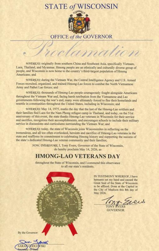 Governor Tony Evers' proclamation recognizing Hmong-Lao Veterans Day on May 14, 2026.
