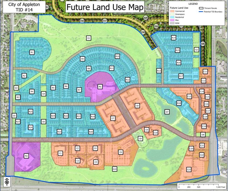 A tax incremental financing district for Wilden Portfolio Park in Appleton would encompass 500 acres and include a mix of commercial (shown in orange), residential (blue) and greenspace (green) uses. The areas in purple are existing Thrivent buildings.