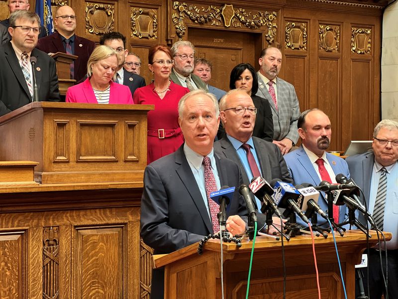 Assembly Speaker Robin Vos speaks to reporters ahead of a floor session in the Wisconsin State Capitol on Wednesday, May 13.