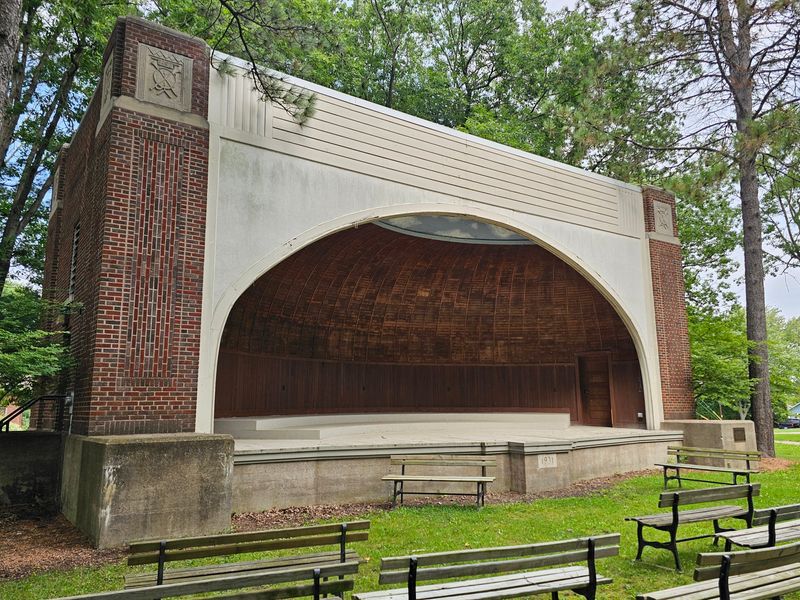 The Columbia Park bandshell was built by Frank A. Felhofer and Sons in an Art Deco style in 1931 to serve as a home to the 135th Medical Regiment Band in Marshfield, Wisconsin. It is seen here on Aug. 22, 2025.
