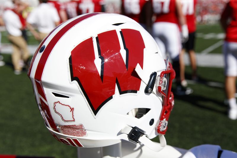 Oct 1, 2022; Madison, Wisconsin, USA; A Wisconsin Badgers helmet during the game against the Illinois Fighting Illini at Camp Randall Stadium. Mandatory Credit: Jeff Hanisch-USA TODAY Sports