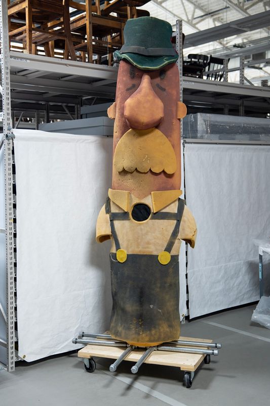 An original Racing Sausages costume seen at the State Archive Preservation Facility on the afternoon of April 21, 2026 in Madison, Wisconsin. Michael Dillon was a graphic designer who came up with the idea for the costumes after seeing them on the scoreboard at a Brewers game in the 1990s.