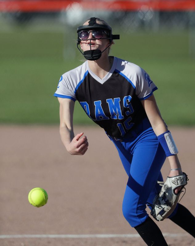 Random Lake’s Danika Eberhardt (15) releases a pitch to Cedar Grove-Belgium Thursday, May 14, 2026, in Cedar Grove, Wisconsin.