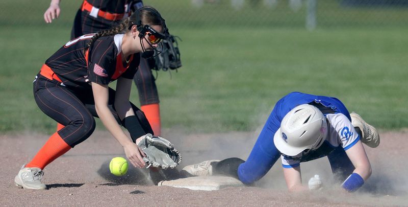 Random Lake’s Ava Daggett (9) makes it safe to second base against Cedar Grove-Belgium, Thursday, May 14, 2026, in Cedar Grove, Wisconsin.