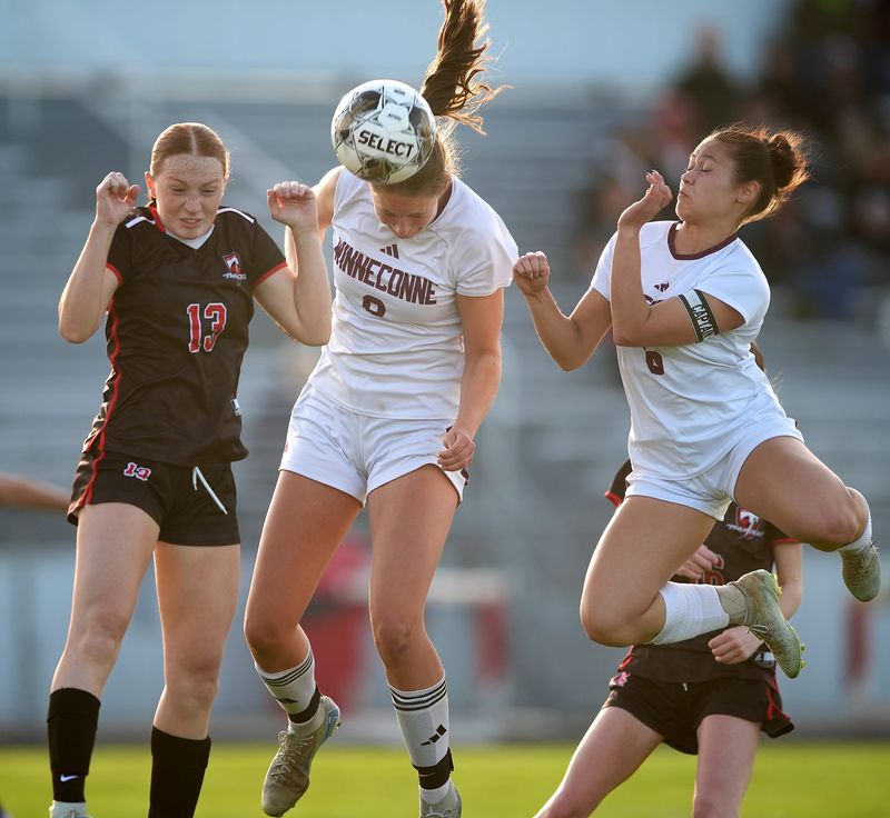 Winneconne High School's Harper Neace (8) and Suri Hottman (6) against Seymour High School's Savana Smith (13) during their girls soccer game on Thursday, May 14, 2026 in Seymour, Wis. Winneconne defeated Seymour 3-0.
Wm. Glasheen USA TODAY NETWORK-Wisconsin