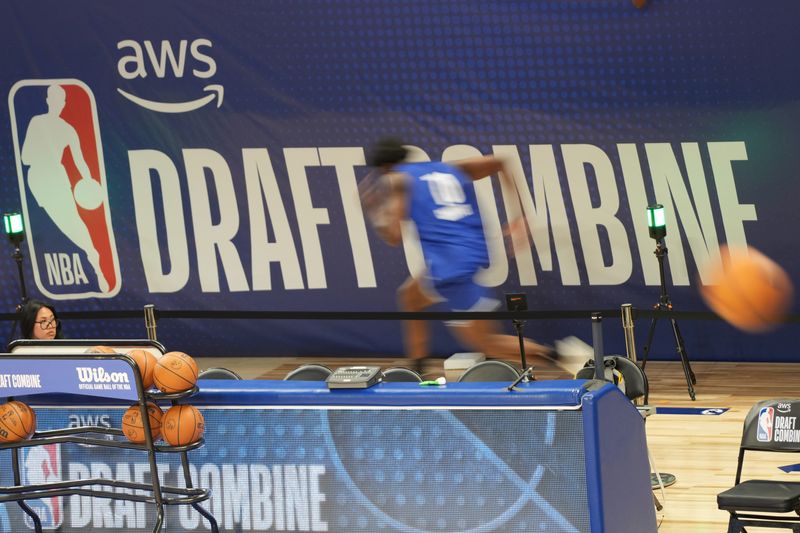 May 11, 2026; Chicago, IL, USA; Rueben Chinyelu participates in the 2026 NBA Draft Combine at Wintrust Arena. Mandatory Credit: David Banks-Imagn Images