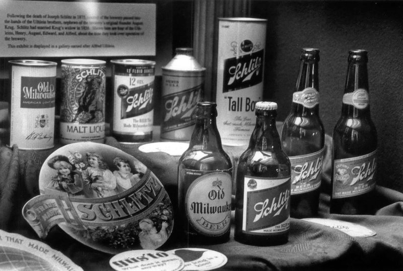 Undated photo of Schlitz items on display at the historical society include old bottles, cans and Schlitz advertising and promotional items. Schlitz Brewing Company, beer