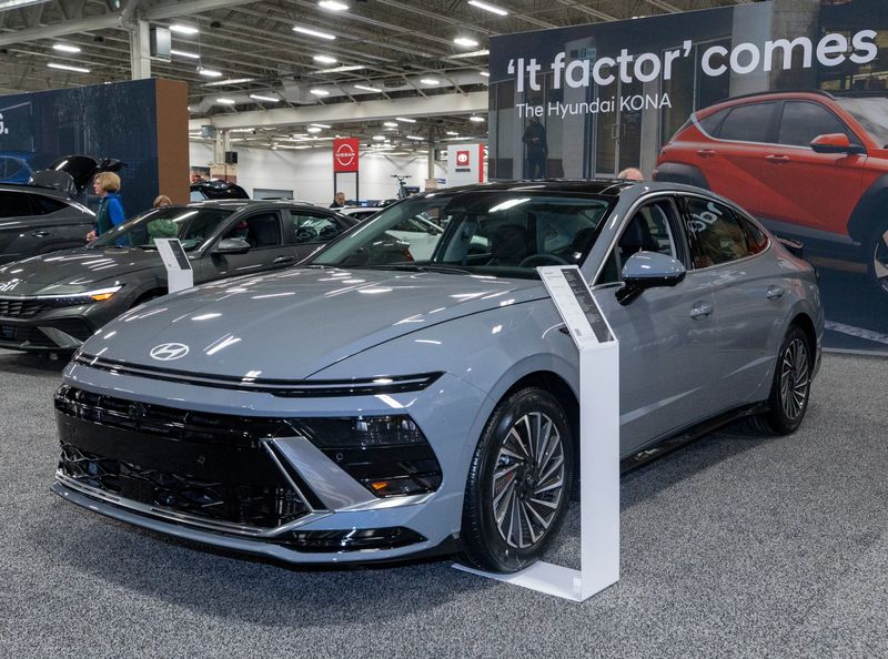A 2026 Hyundai Sonata Hybrid is displayed during the Milwaukee Auto Show at the Wisconsin State Fair Park Exposition Center on Thursday, May 14, 2026 in Milwaukee, Wisconsin.
