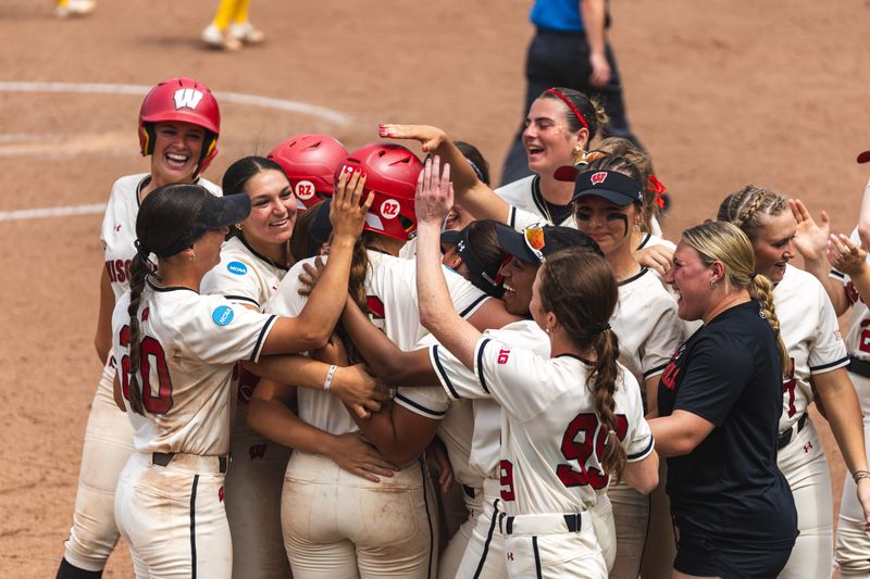Wisconsin softball players celebrate the Badgers' 2-1 walk-off win over Baylor in the 2026 NCAA tournament on May 15 in Austin, Texas.