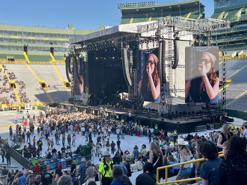 One of the Luke Combs opening acts, Thelma & James, performs on May 15, 2026, inside Lambeau Field in Green Bay.