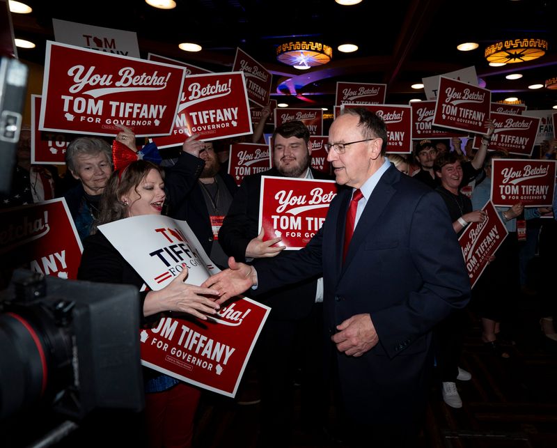 U.S. Rep. Tom Tiffany (R-Wis.), a Republican candidate for governor of Wisconsin, shakes hands with supporters during the 2026 Republican Party of Wisconsin State Convention on Saturday May 16, 2026 at the Kalahari Resorts & Conventions in Baraboo, Wisconsin.