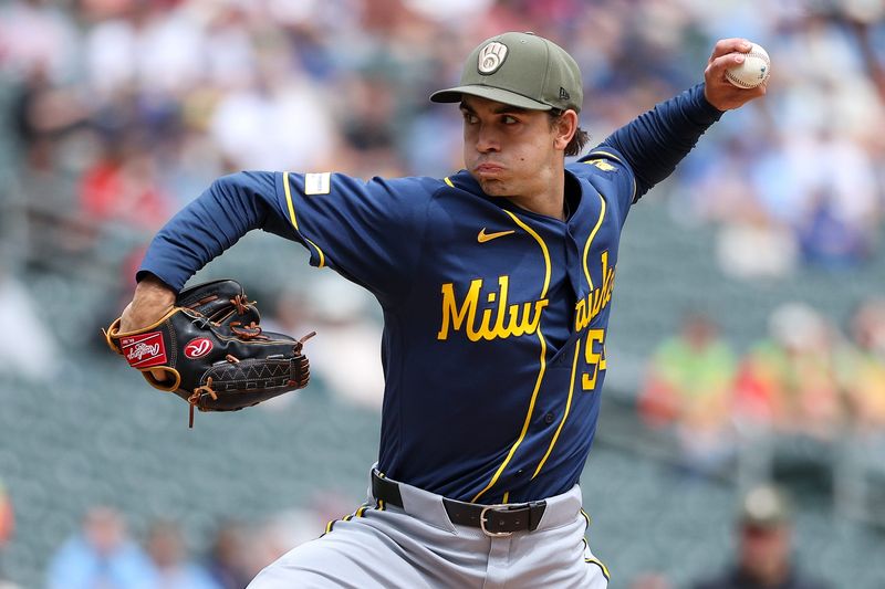 May 17, 2026; Minneapolis, Minnesota, USA; Milwaukee Brewers starting pitcher Robert Gasser (54) delivers a pitch against the Minnesota Twins during the first inning at Target Field. Mandatory Credit: Matt Krohn-Imagn Images