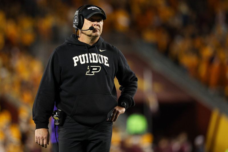 Oct 11, 2025; Minneapolis, Minnesota, USA; Purdue Boilermakers head coach Barry Odom looks on during the first half against the Minnesota Golden Gophers at Huntington Bank Stadium. Mandatory Credit: Matt Krohn-Imagn Images