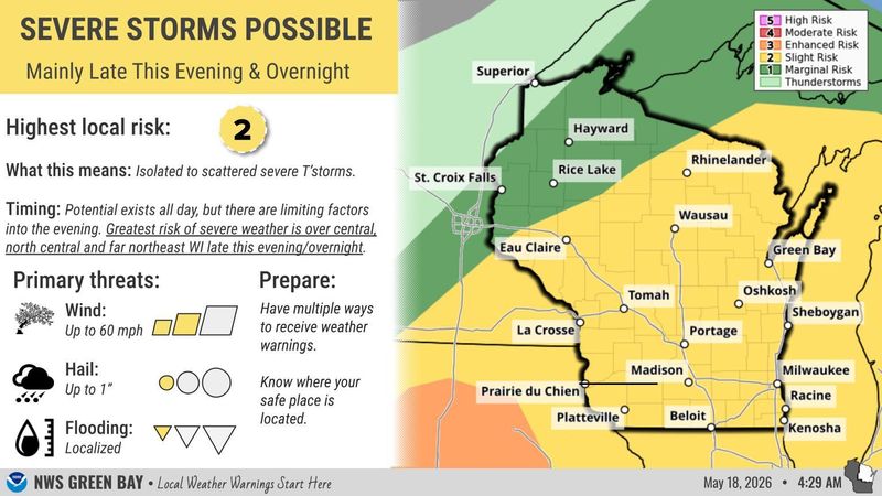 The National Weather Service is predicting a potential for severe storms overnight on May 18 and 19.