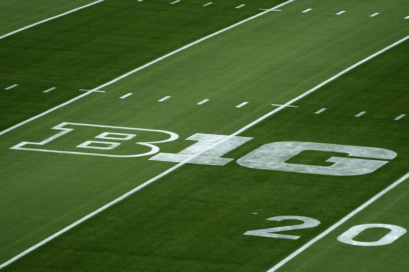 Aug 30, 2025; Los Angeles, California, USA; The Big Ten Conference logo at United Airlines Field at Los Angeles Memorial Coliseum. Mandatory Credit: Kirby Lee-Imagn Images