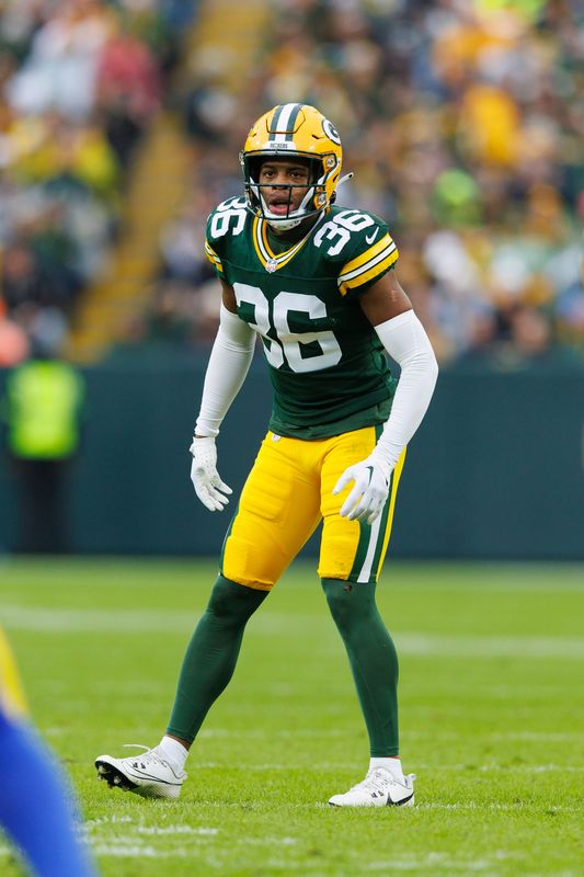 Nov 5, 2023; Green Bay, Wisconsin, USA; Green Bay Packers safety Anthony Johnson Jr. (36) during the game against the Los Angeles Rams at Lambeau Field. Mandatory Credit: Jeff Hanisch-USA TODAY Sports