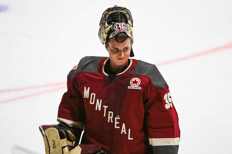 Jan 13, 2024; Montreal, Quebec, CANADA; Montreal goalie Ann-Renee Desbiens (35) looks on against Boston during the second period in a PWHL ice hockey game at Verdun Auditorium. Mandatory Credit: David Kirouac-USA TODAY Sports