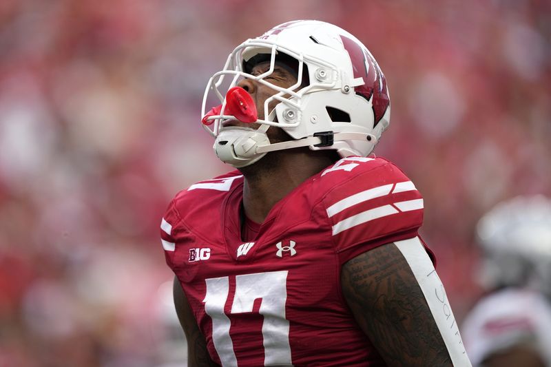 Oct 18, 2025; Madison, Wisconsin, USA; Wisconsin Badgers linebacker Darryl Peterson (17) reacts in the second half against the Ohio State Buckeyes at Camp Randall Stadium. Mandatory Credit: Jeff Hanisch-Imagn Images