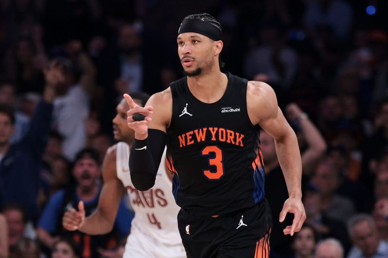 New York Knicks guard Josh Hart (3) reacts after making a basket against the Cleveland Cavaliers during Game 2 of the Eastern Conference Finals on May 21, 2026, in New York.