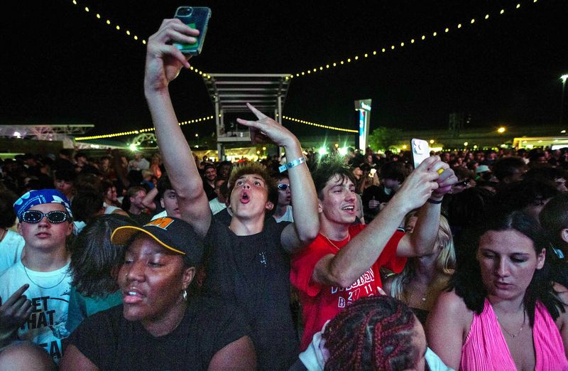 Concert attendees are excited before Offset comes on stage during Summerfest at Henry Maier Festival Park in Milwaukee on June 27, 2025.
