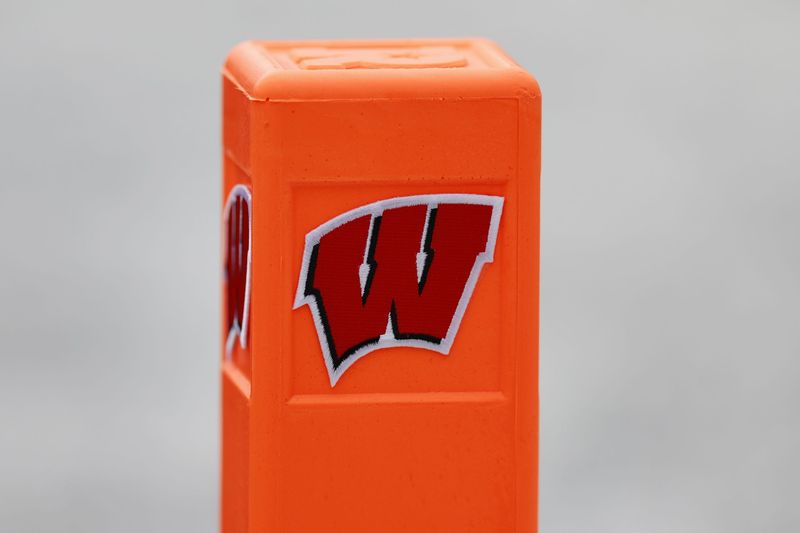 Sep 10, 2022; Madison, Wisconsin, USA; Wisconsin Badgers logo on an end zone pylon during the game against the Washington State Cougars at Camp Randall Stadium. Mandatory Credit: Jeff Hanisch-USA TODAY Sports