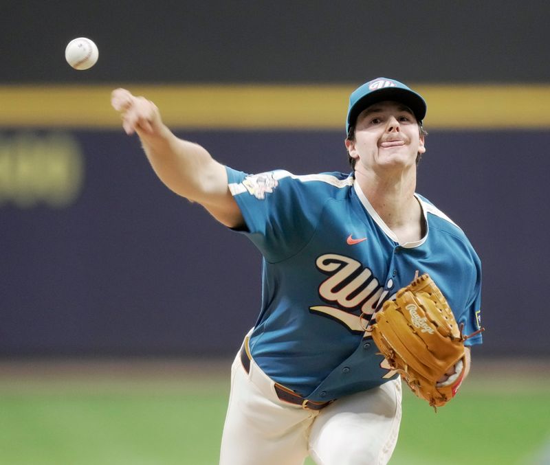Milwaukee Brewers pitcher Logan Henderson (43) throws during the first inning of their game against the Los Angeles Dodgers Friday, May 22, 2026 at American Family Field in Milwaukee, Wisconsin.
