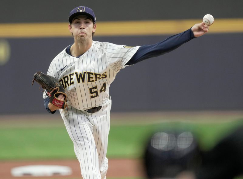 Milwaukee Brewers pitcher Robert Gasser (54) throws during the first inning of their game against the Los Angeles Dodgers Saturday, May 23, 2026 at American Family Field in Milwaukee, Wisconsin.